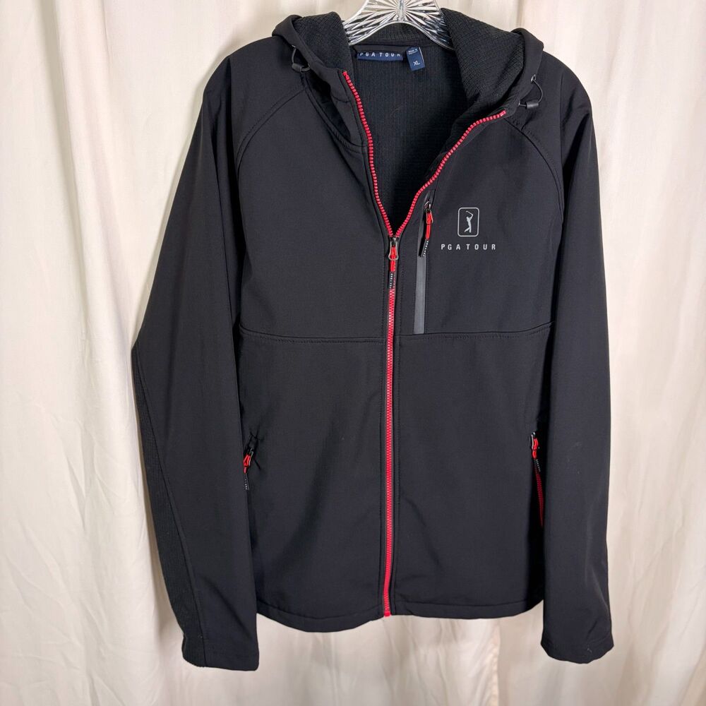 PGA Tour Mens Softshell Jacket Hooded Fleece Lined Windbreaker Black Red XL